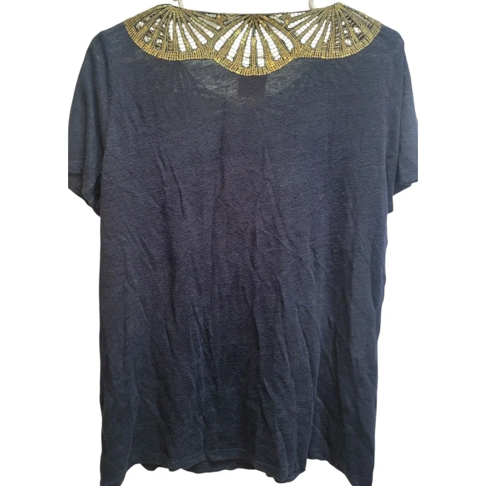 Tory Burch‎ Womens Blue 100% Linen Gold Sequence Scoop Neck Blouse Sz M
